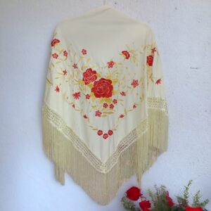 Mantoncillo Beige Bordado Ramillete Rojo y Dorado