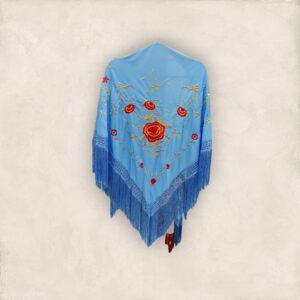 Mantoncillo Celeste Bordado Flor Rojo y Dorado