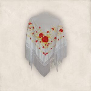 Mantoncillo Blanco Bordado Ramilete Rojo y Dorado