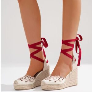 Cuñas Alpargatas de Esparto Bordadas Beige Granate