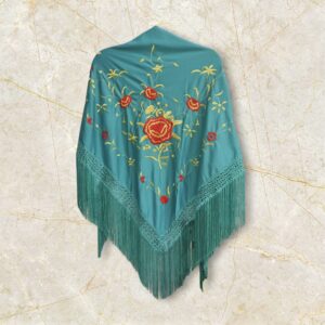Mantoncillo Turquesa Bordado Flor Rojo y Dorado