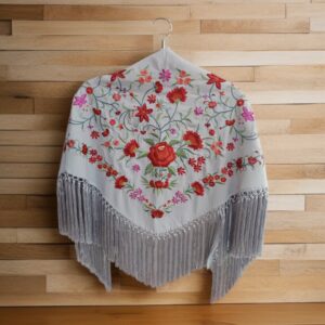 Mantoncillo Clavel Gris - Celeste Bordado Rojo