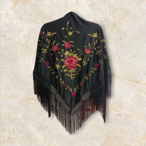 Mantoncillo Negro Bordado Flores Rosa y Dorado
