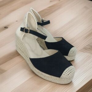 Cuñas de Esparto de Piel Tacón Medio Negro