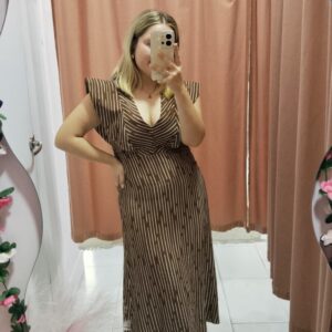 Vestido Midi - Largo Marrón con Hombreras