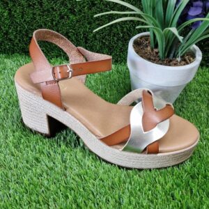 Sandalias Tacón Ancho con Plataforma Marrón - Dorado