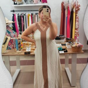 Vestido Largo Bicolor Beige