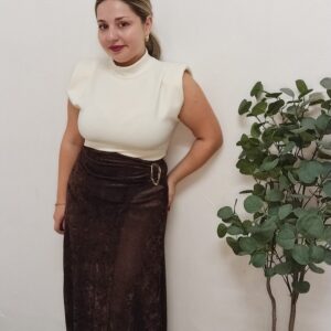 Falda Midi de Terciopelo y Encaje Marrón - Azul