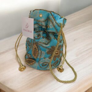 Bolso Bombonera Azul Turquesa Bordado Dorado