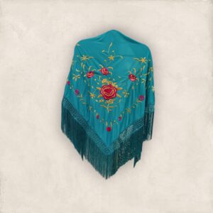 Mantoncillo Turquesa Bordado Flor Rosa y Dorado