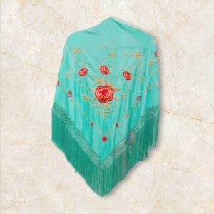 Mantoncillo Verde Agua Bordado Flor Rojo y Dorado